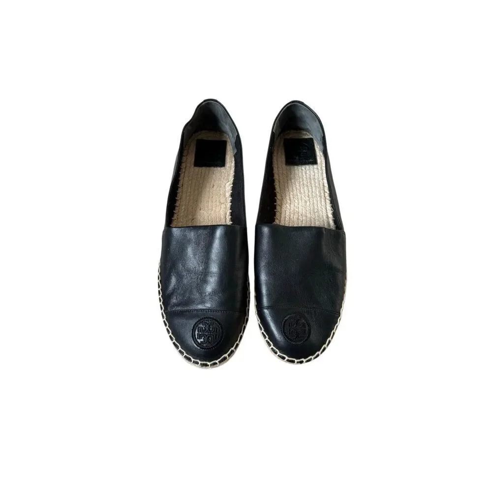 Tory Burch Black Nappa‎ Leather Espadrille Flats 9.5